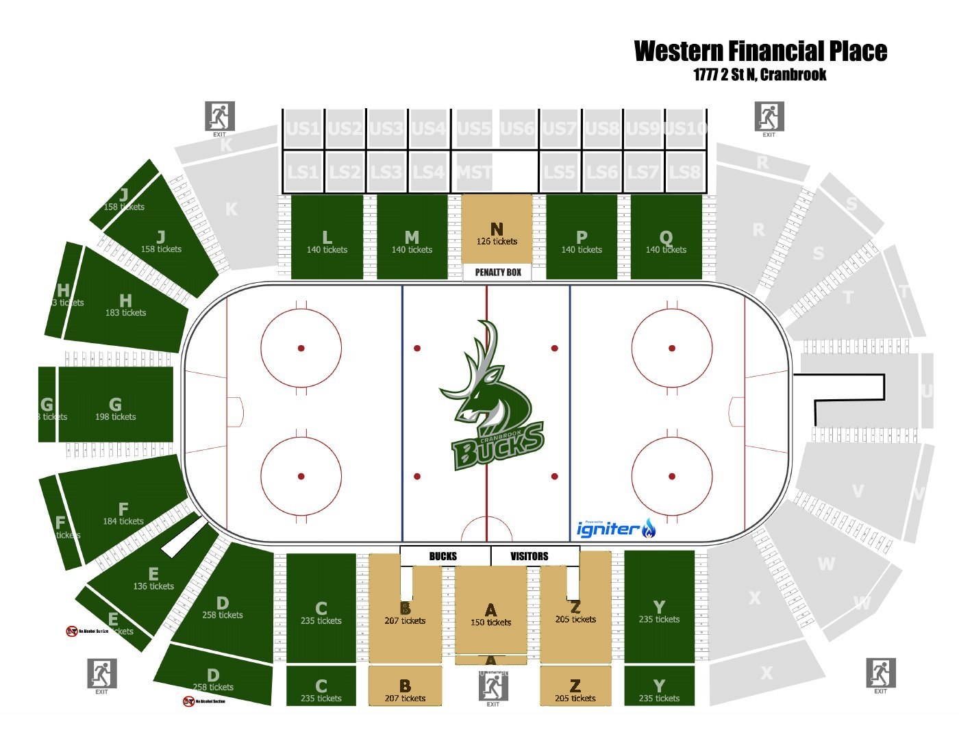 Western Financial Place seating plan with lettered arena sections. Premium sections are A, B, Z and N.